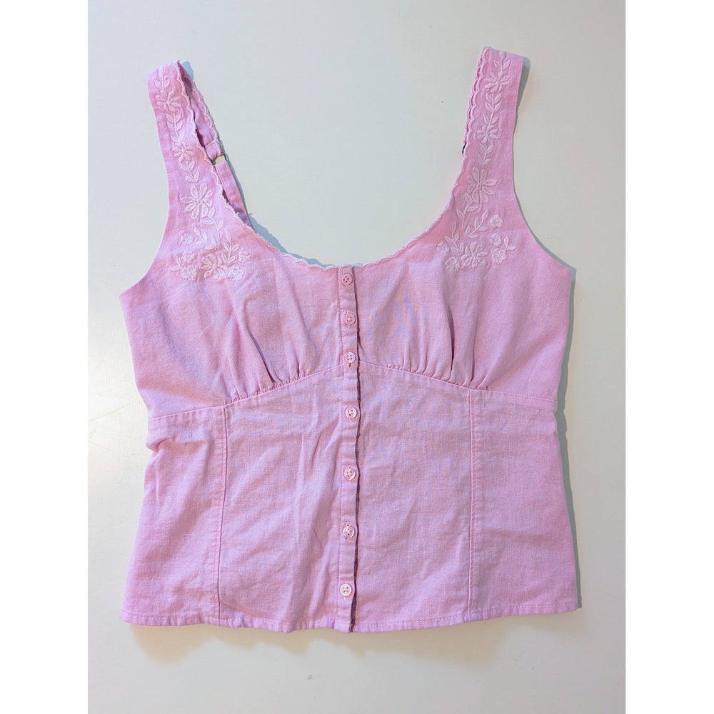 Hollister Pink Embroidered Linen Blend Button Front Smocked Cami Top Medium